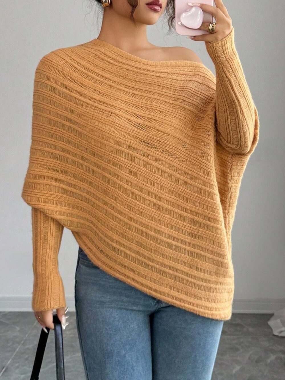 Khaki Casual Women's Asymmetrical Rib-Knit Batwing Boat Neck Pullovers